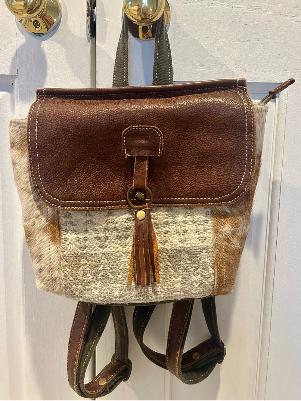Myra Bag Brown Leather and Cowhide Backpack with Tassel Accent